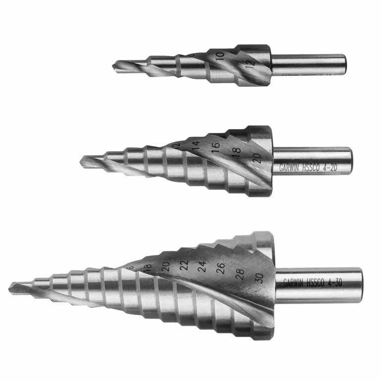 GARWIN INDUSTRIAL 102580-4-12*4-30 Набор ступенчатых сверл 4-12, 4-20, 4-30 мм, HSS-Co5, со спиральной канавкой - фото №1