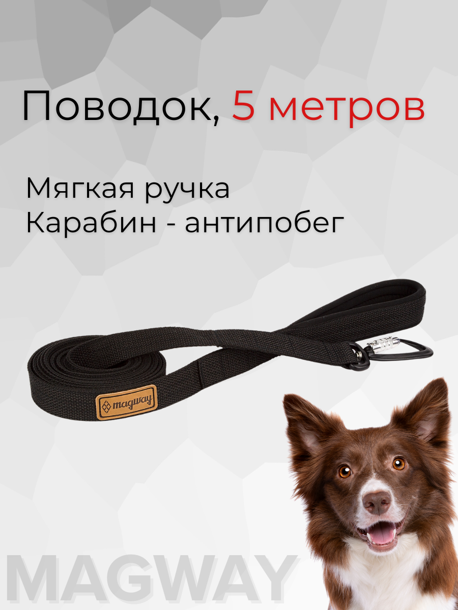 Поводок мягкий с усиленным карабином для средних и крупных пород ширина 25мм длина 5 метров цвет черный