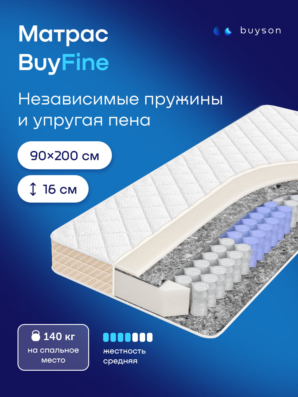 Односпальный ортопедический матрас buyson BuyFine 90х200 см независимые пружины