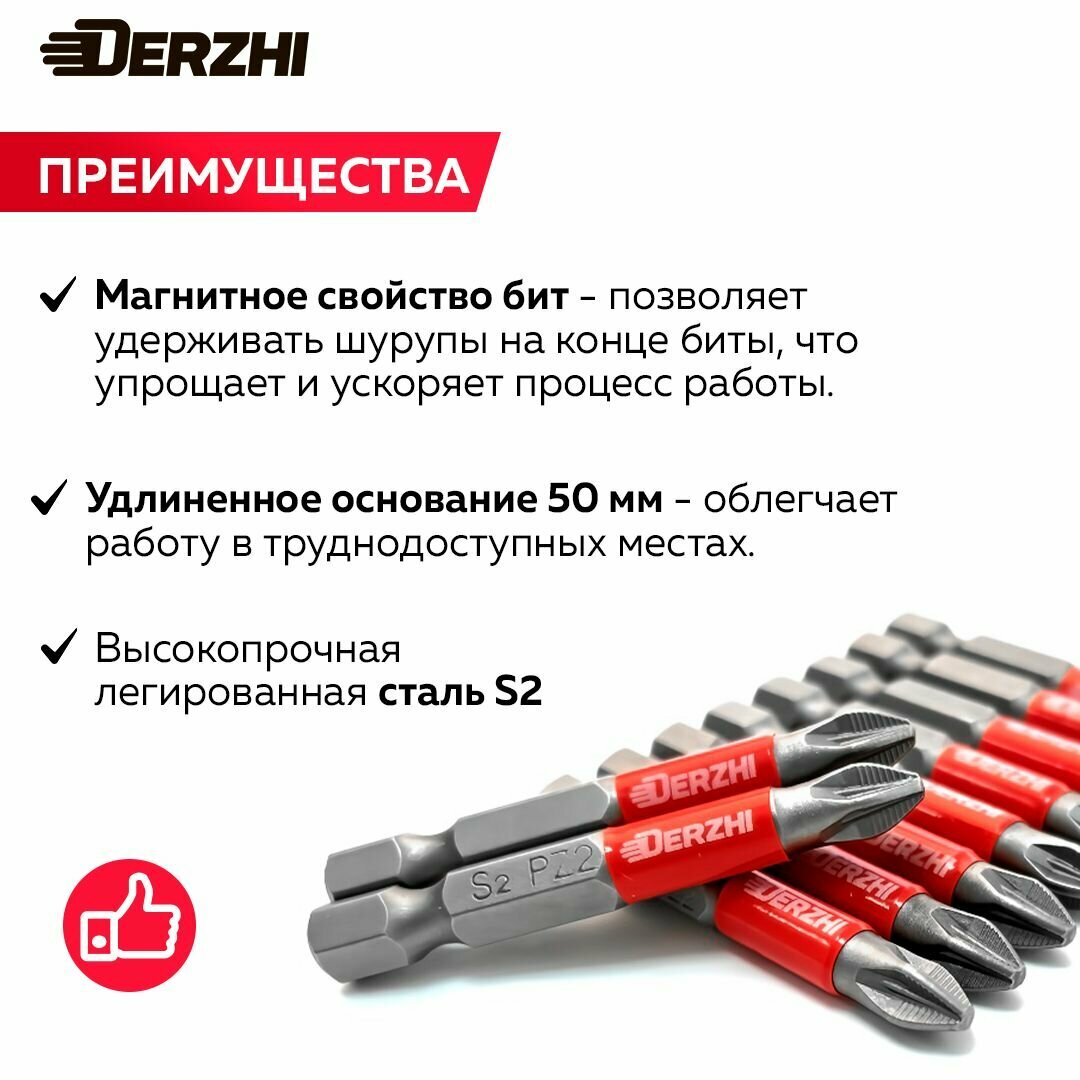 Биты для шуруповерта магнитные PZ2 L50 мм, набор бит 10 штук, Derzhi — фото 1