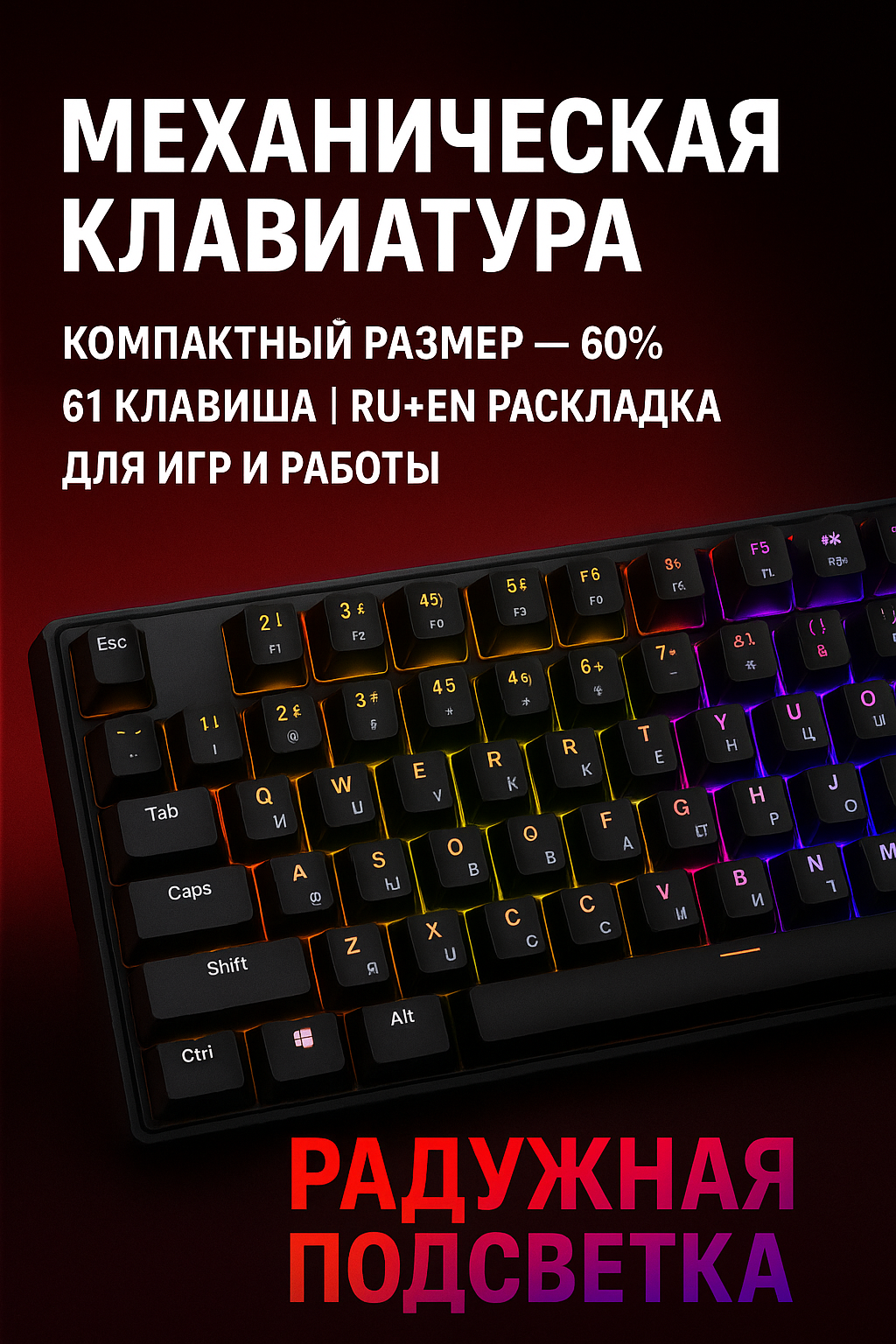 Механическая клавиатура 60% Cyberlynx, игровая компактная черная с RGB подсветкой — тихие клавиши, USB