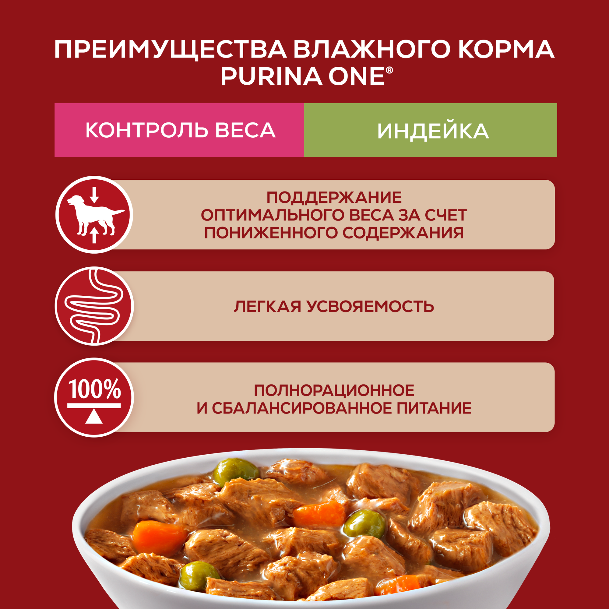 Влажный корм Purina ONE® мини для собак мелких пород, склонных к набору веса или стерилизованных с индейкой, морковью и горохом в подливе 85 г x 26 шт — фото 1