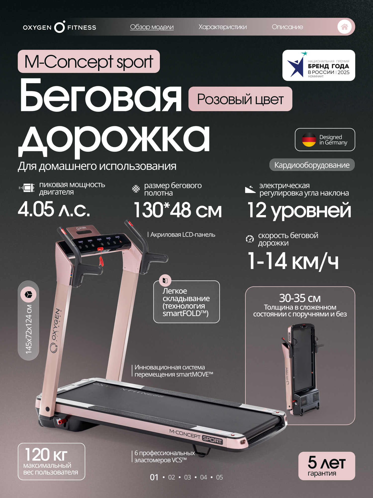 Беговая дорожка электрическая для дома OXYGEN FITNESS M-CONCEPT SPORT SOFT PINK