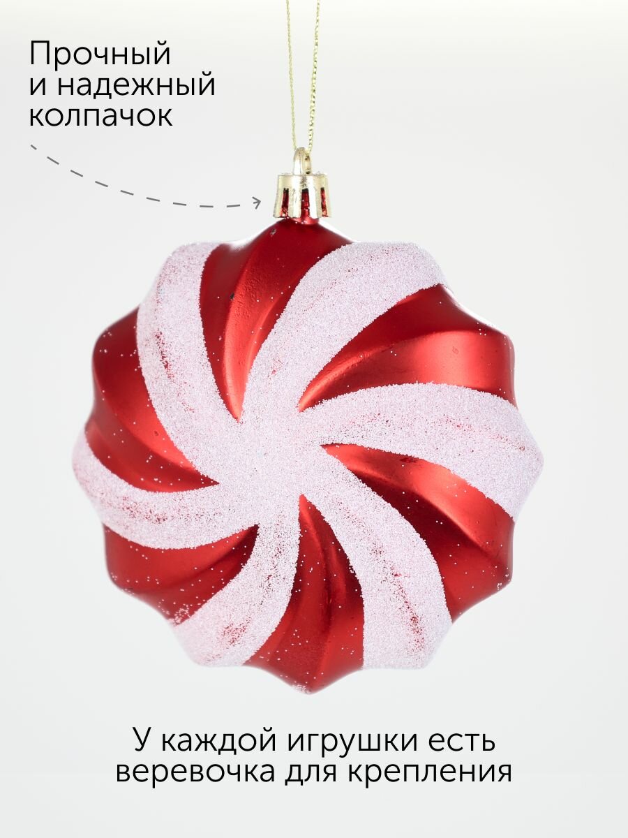Набор украшений елочных плоский шар красный с белым декором — фото 1