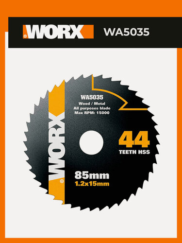 Изображение товара Пильный диск по металлу WORX WA5035, 44T HSS, 85х1,2х15 мм, для WX423, WX426 и WX523