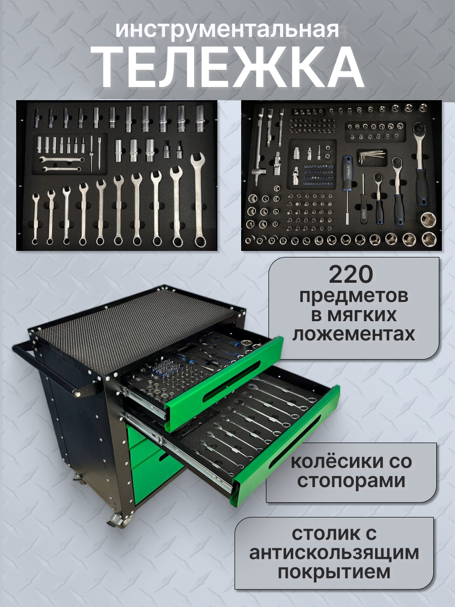 Тележка инструментальная с комплектом инструментов Scheppachс 220 предметов в мягких ложементах