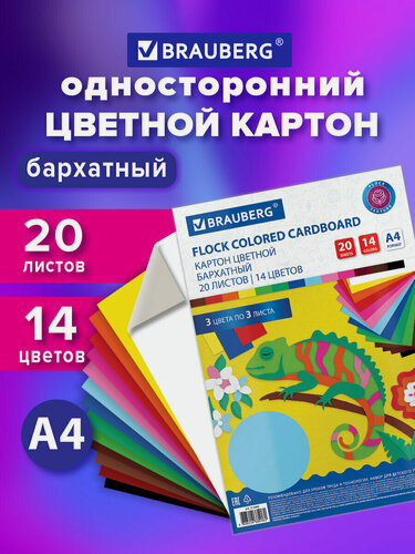 Изображение товара Картон цветной бархатный для творчества / оформления А4 20 листов 14 цветов, 180г/м2, Brauberg, 113505