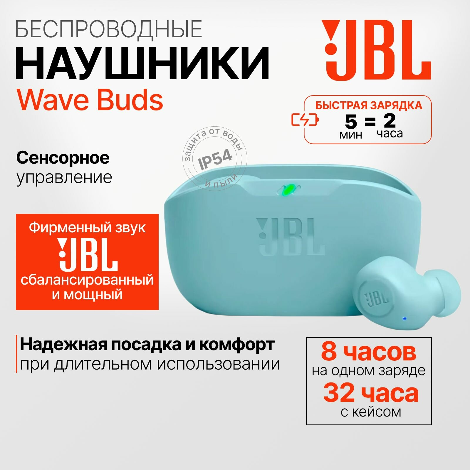 Беспроводные наушники JBL Wave Buds Mint (JBLWBUDSMIT), мятный