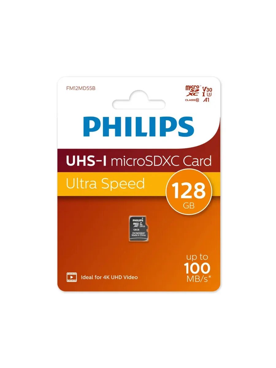 Флеш карта microSD 128GB PHILIPS High Speed microSDHC Class UHS-I U3, V30, A1, 100MB/s — фото 1
