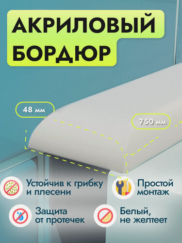 Изображение товара Акриловый бордюр для ванной П - длина 75, ширина 4.8 сантиметров универсальный
