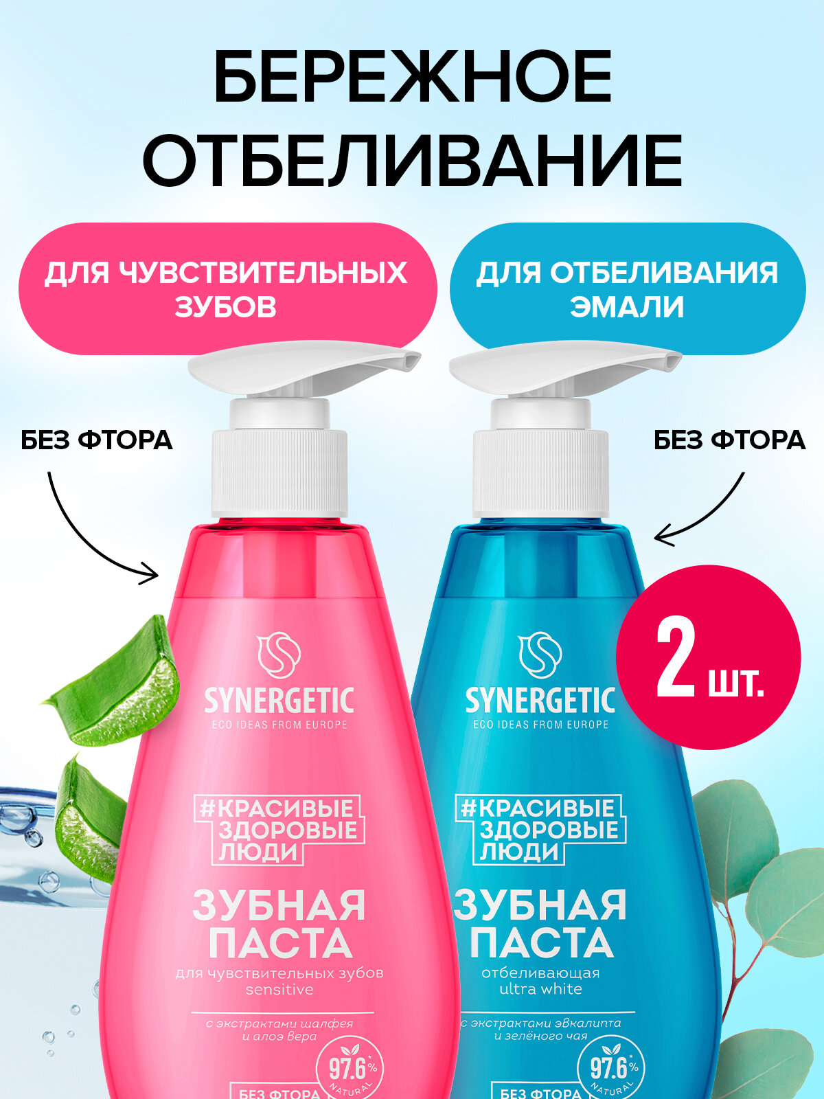 Зубная паста с дозатором SYNERGETIC (Отбеливающая ULTRA WHITE + Для чувствительных зубов SENSITIVE), 2 шт х 240 г.