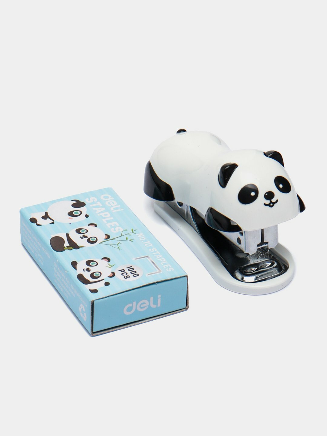 Степлер Deli E0453 "Панда", открытый, 10 пробиваемых листов, синие скобы №24/6 — фото 1