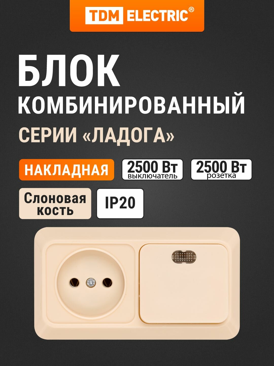 Блок комбинированный (розетка с выключателем) выкл. одноклавишный. с подсветкой 10А + розетка 2П 10А 250В бквр IP20 сл. кость "Ладога" TDM ELECTRIC