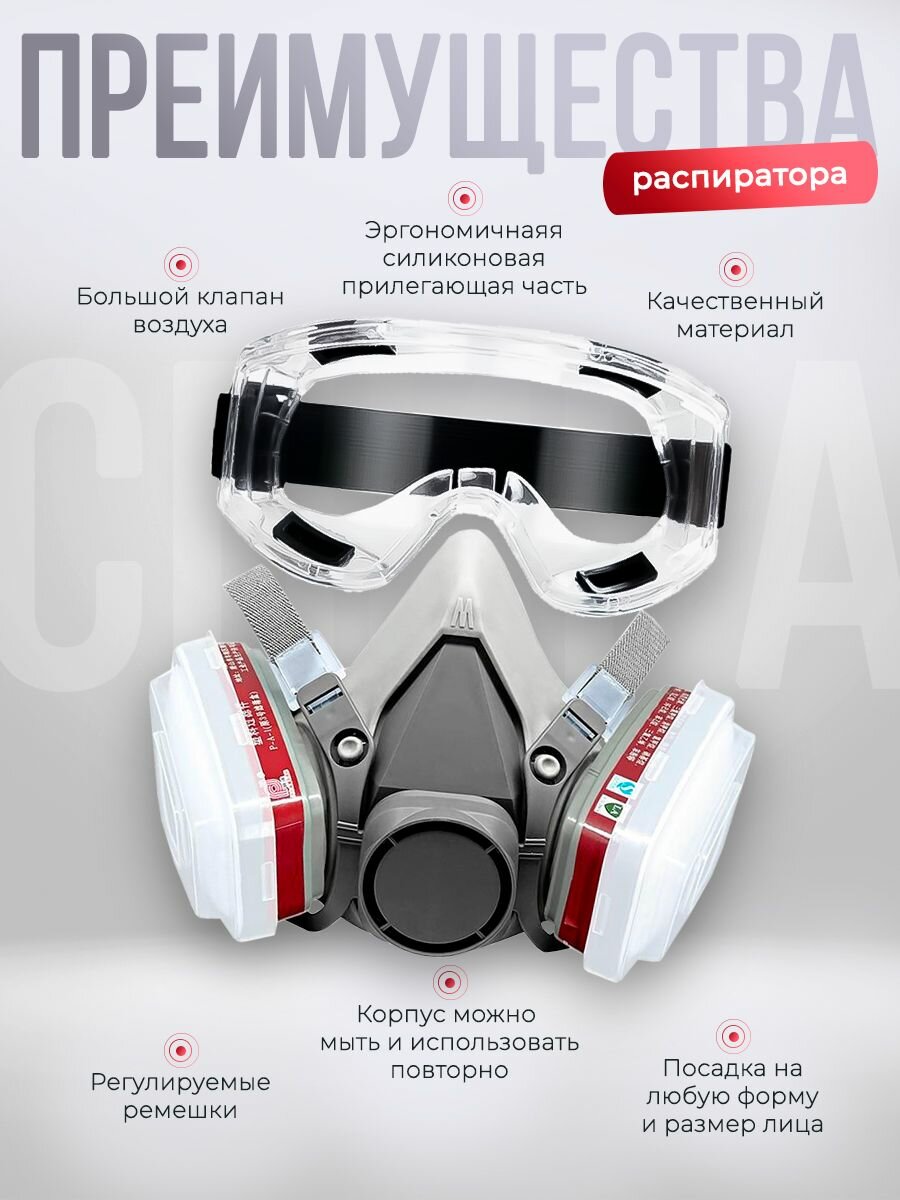 Картинки Респиратор профессиональный для работ с кератином, покраски, химии FFP3 + 10 фильтров + очки красный