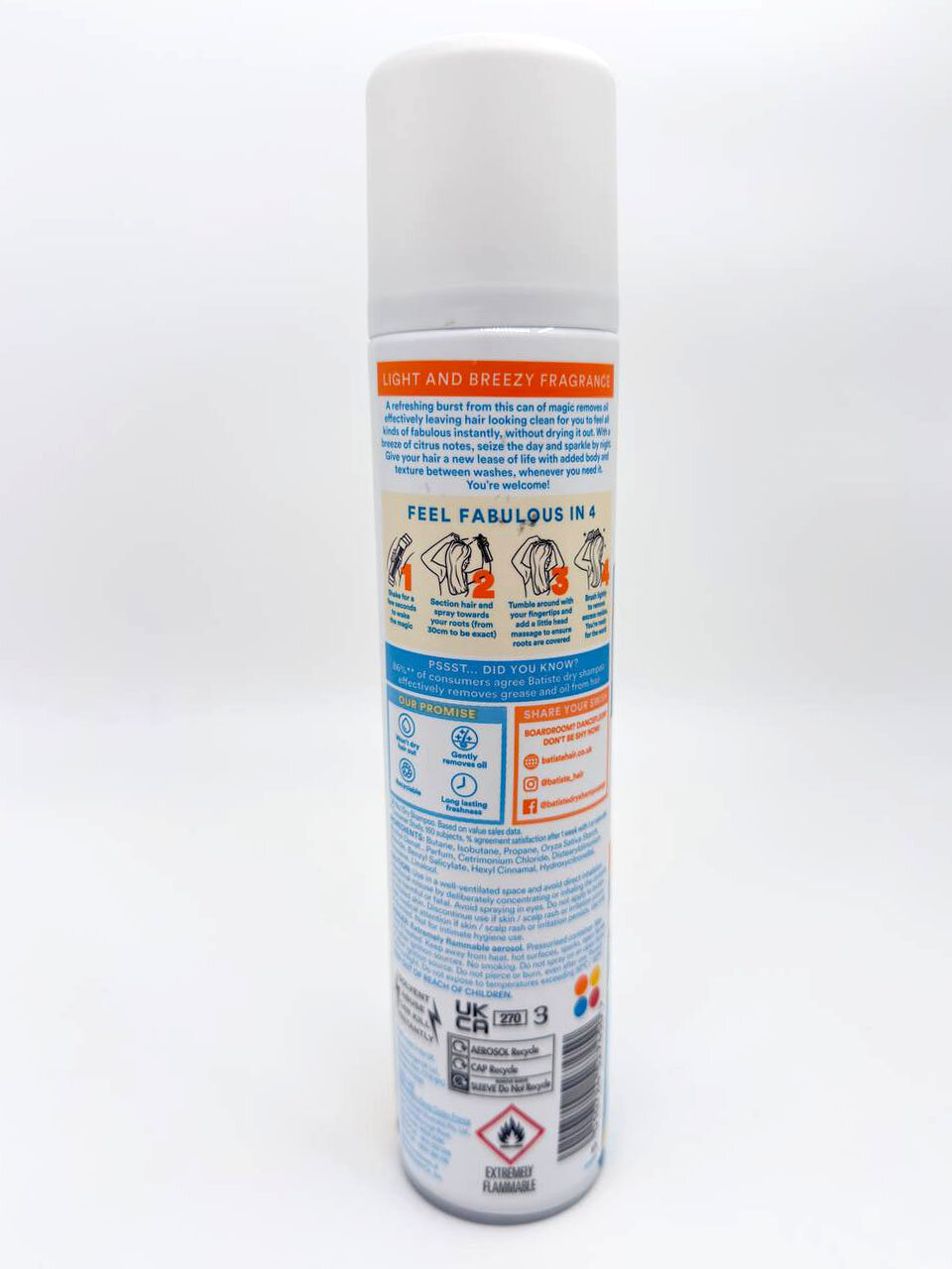 Сухой шампунь Batiste Fresh (Breezy Citrus), аэрозоль, цитрусовая свежесть, очищение без воды, 200 мл (120 г) — фото 1