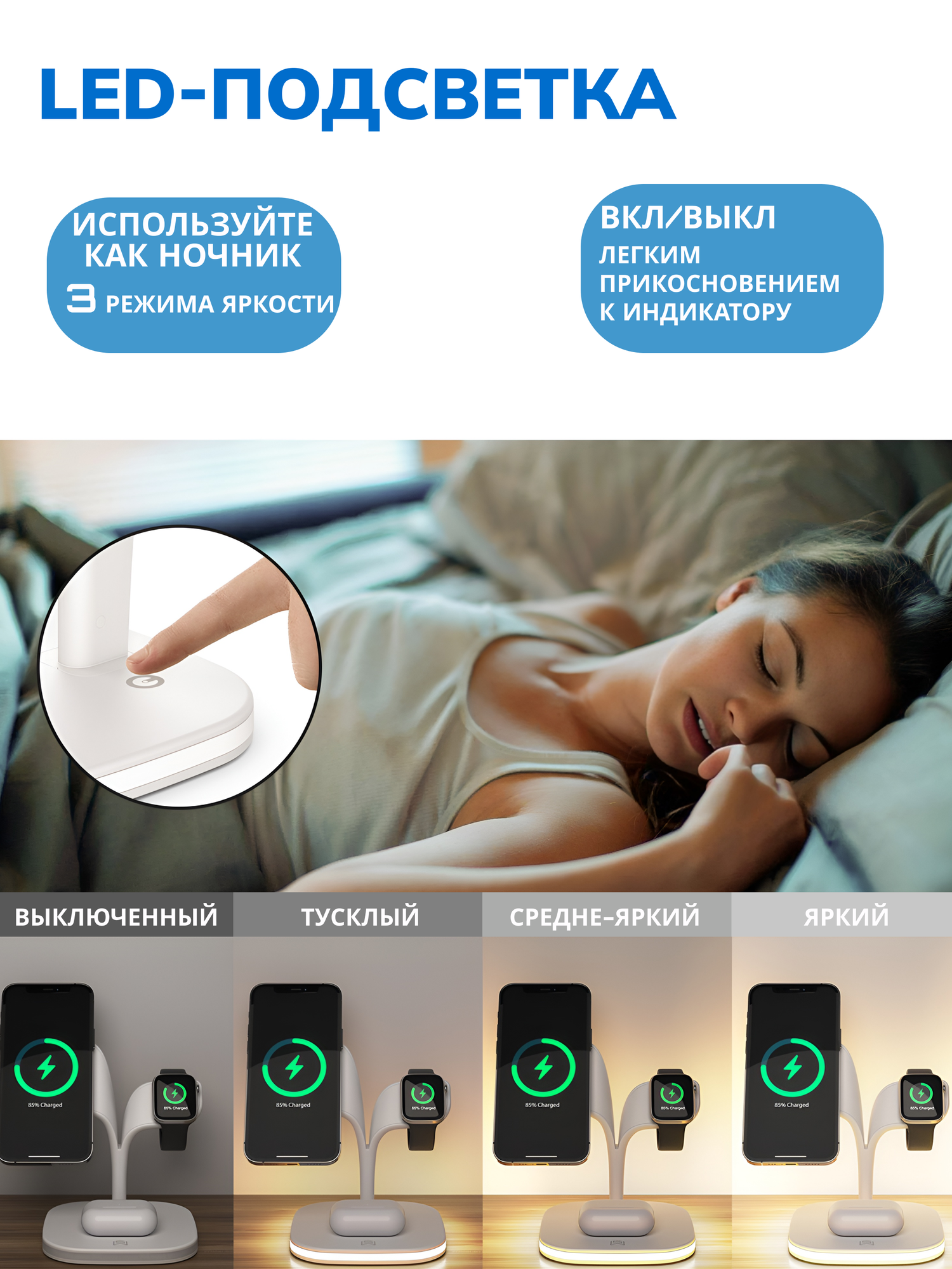 Беспроводная зарядка MagSafe для iPhone, AirPods, Apple Watch. Беспроводное зарядное устройство, ночник настольная лампа — фото 1