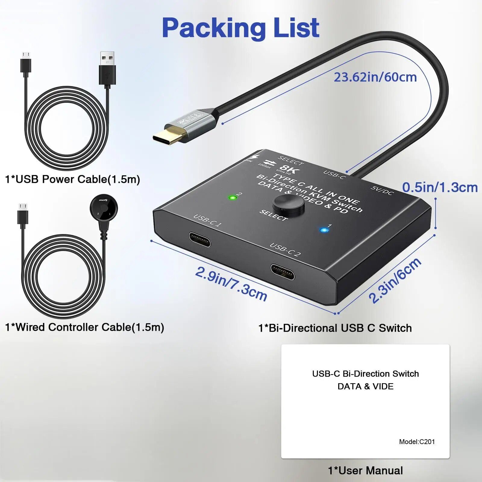 Переключатель USB C, двунаправленный коммутатор USB C, 2 ноутбука, KVM-переключатель типа C, 8–60 Гц, 4–120 Гц, видео, передача данных/10 Гбит/с, зарядка/100 Вт, Type C KVM Switch