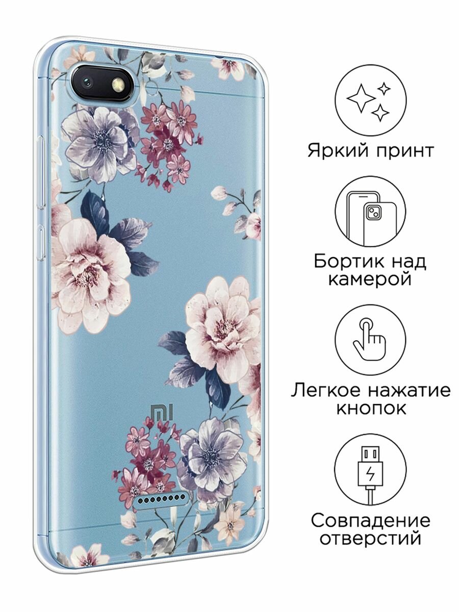 Чехол на Xiaomi Redmi 6A / Сяоми Редми 6А с принтом "Нежные винтажные цветы", прозрачный — фото 1
