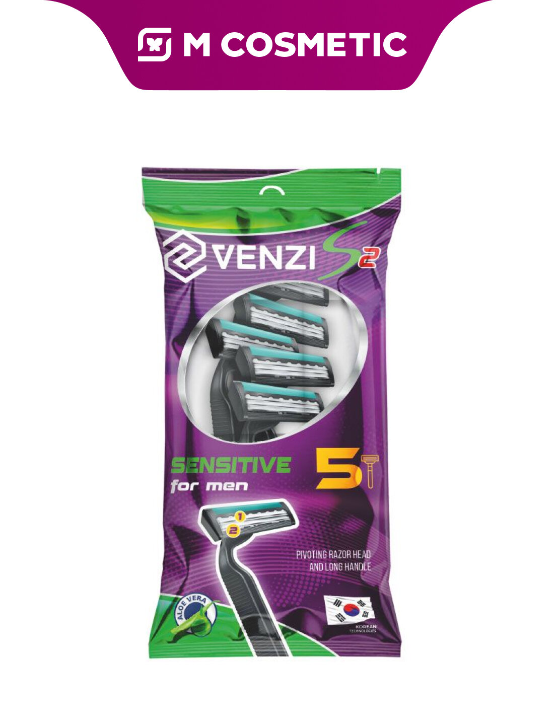 Бритвенные станки VENZI S2 Sensitive, для мужчин, с алоэ вера, 5 шт