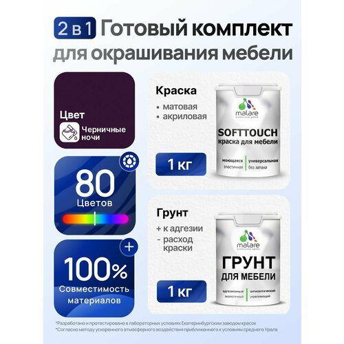 фото Комплект malare для окрашивания мебели, кухонных фасадов (1кг грунт + 1кг краска), без запаха, цвет черничные ночи