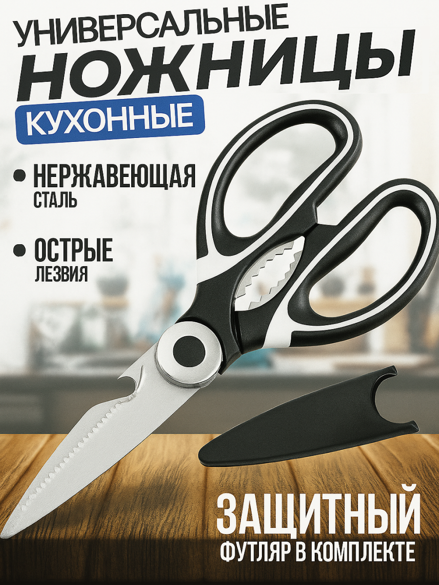 Ножницы кухонные универстальные многофункциональные с орехоколом и открывалкой для рыбы мяса и овощей