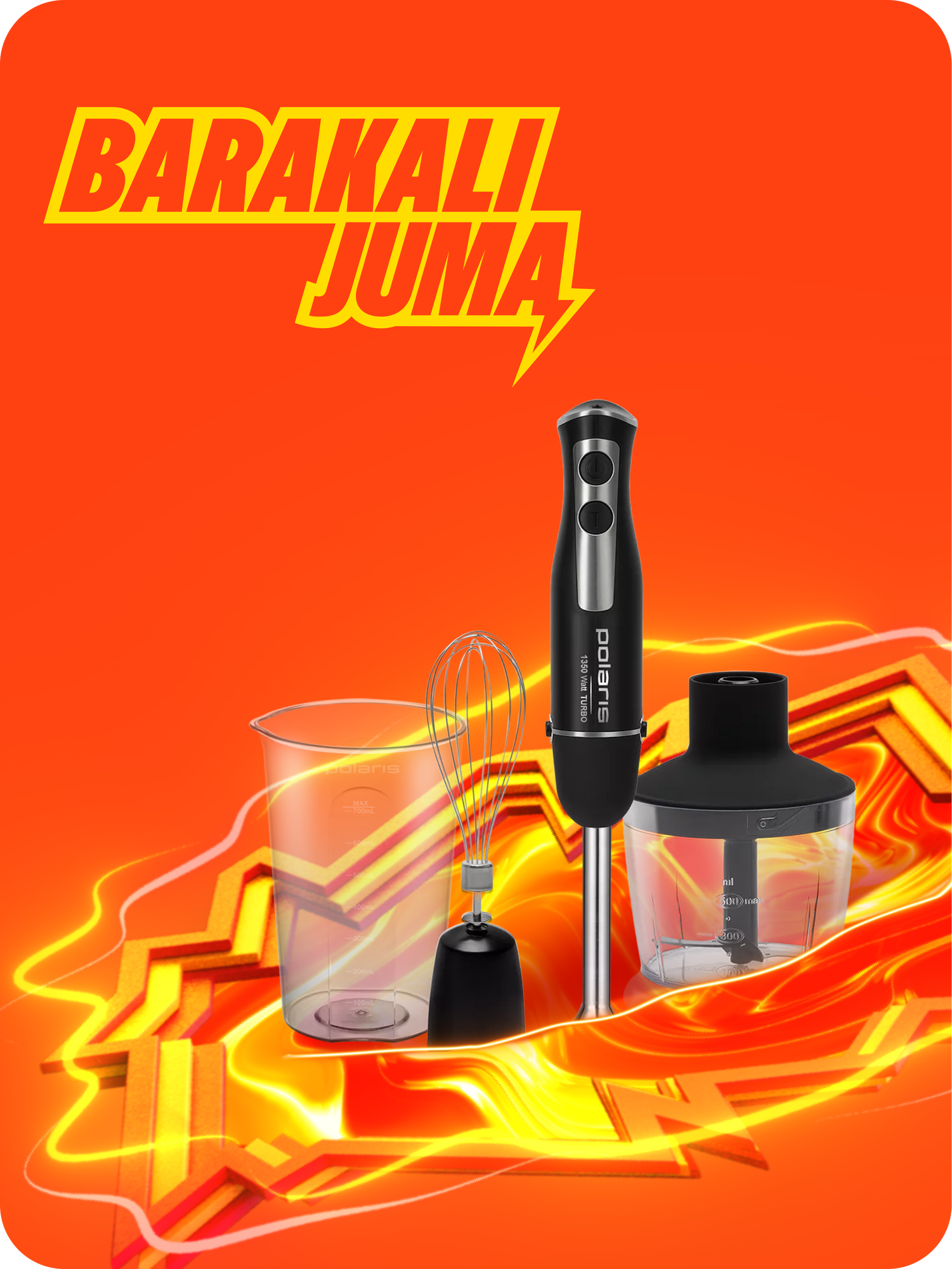 Погружной блендер Polaris PHB 1397, стеклянная чаша, нержавеющая сталь, 1350 Вт