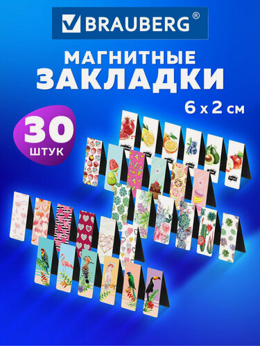 Изображение товара Закладки канцелярские магнитные книжные, для учебников, ежедневника Mix, набор 30 штук, 60x20 мм, Brauberg, 113175
