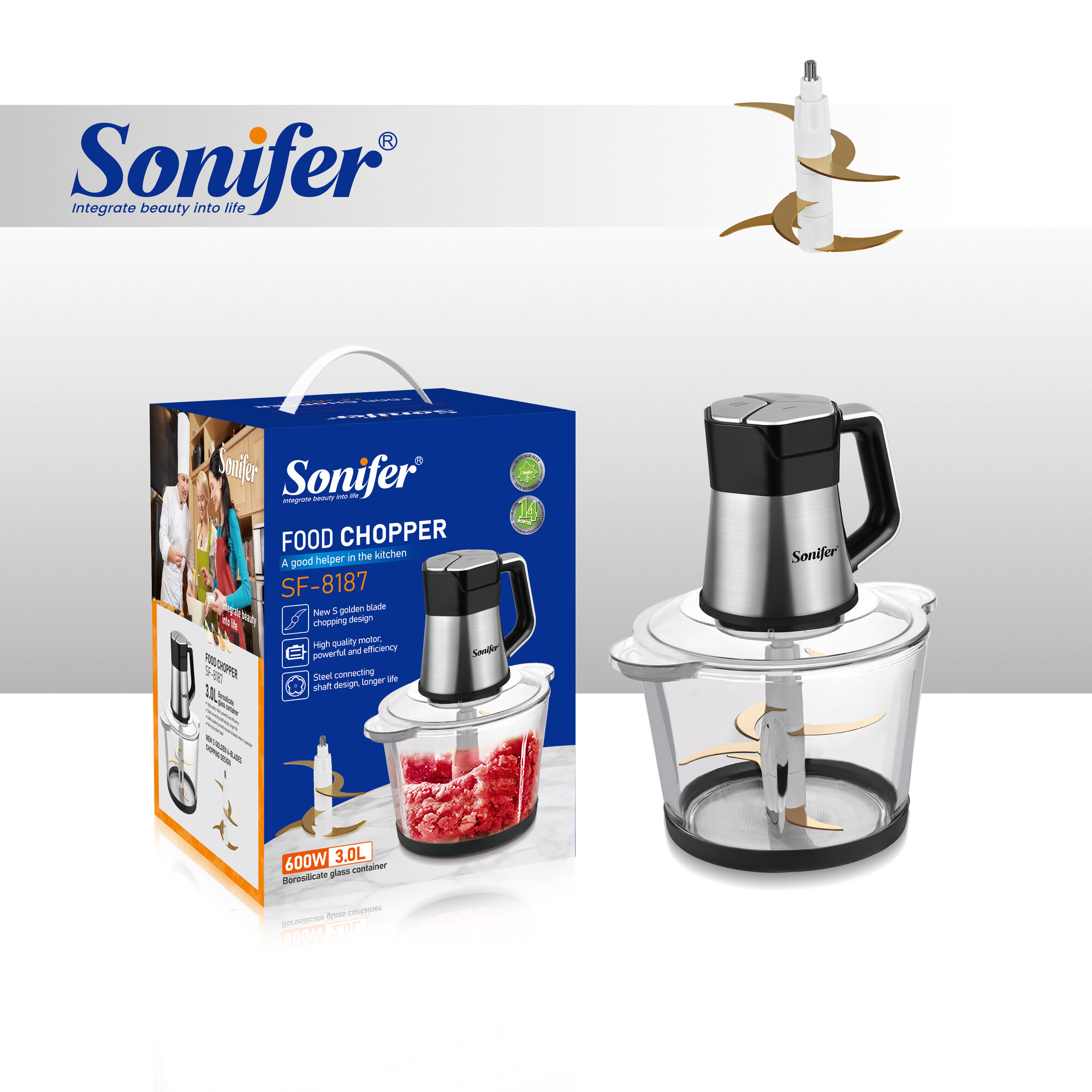 Измельчитель Sonifer SF-8187, 3 л, с золотым лезвием, электрический, 600Вт, с венчиком для взбивания