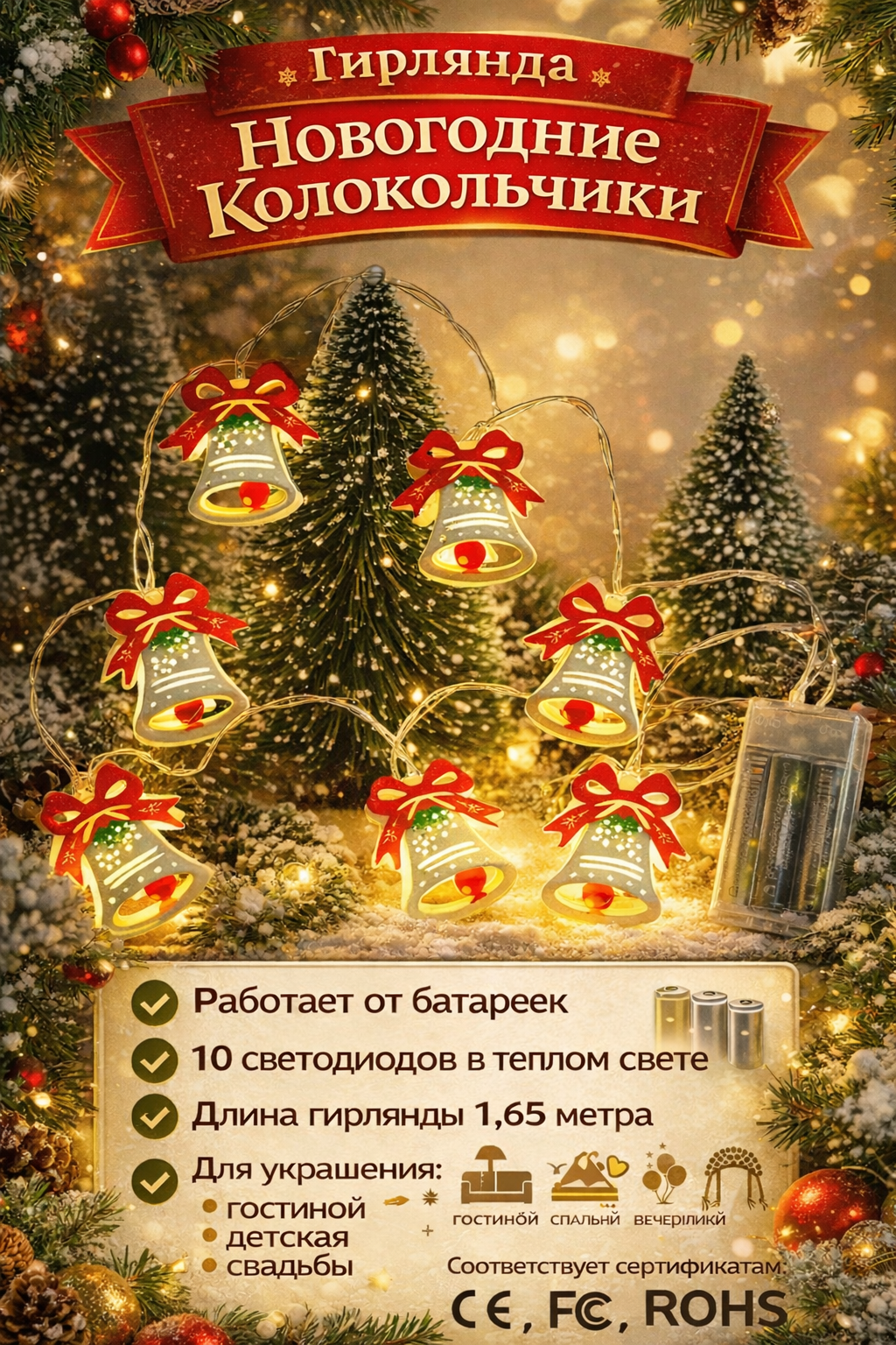 Гирлянда "Новогодняя", светодиодные лампочки, теплый свет, 1.5-1.65 м