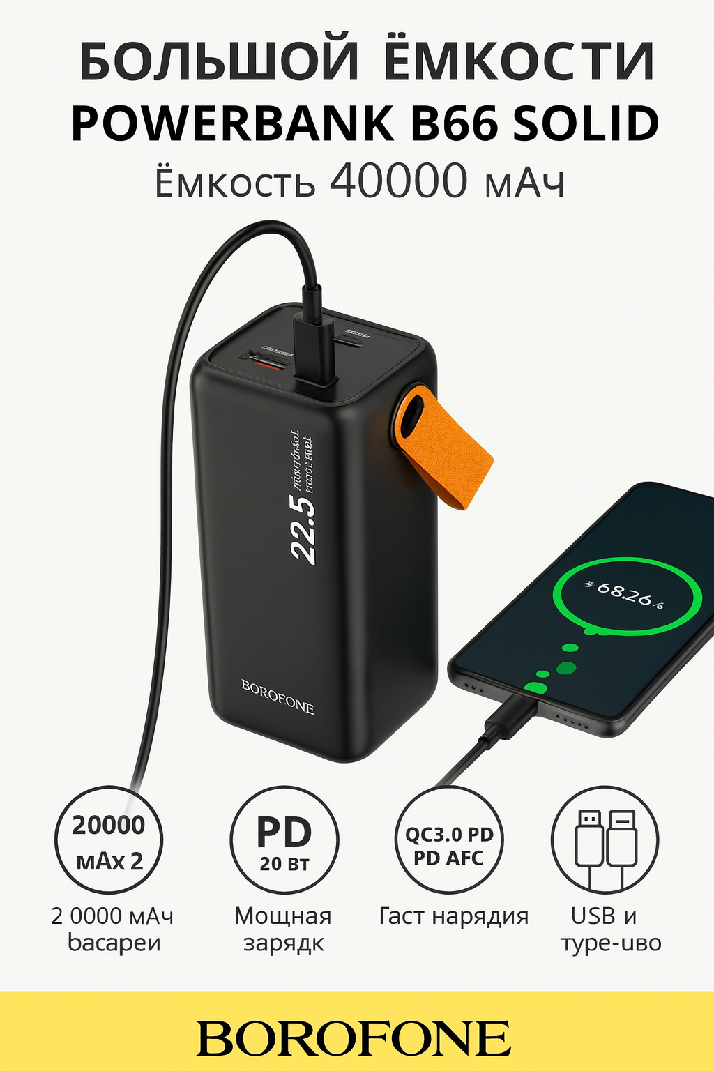 Внешний аккумулятор (Power Bank) Borofone BJ66 40000mAh, Черный