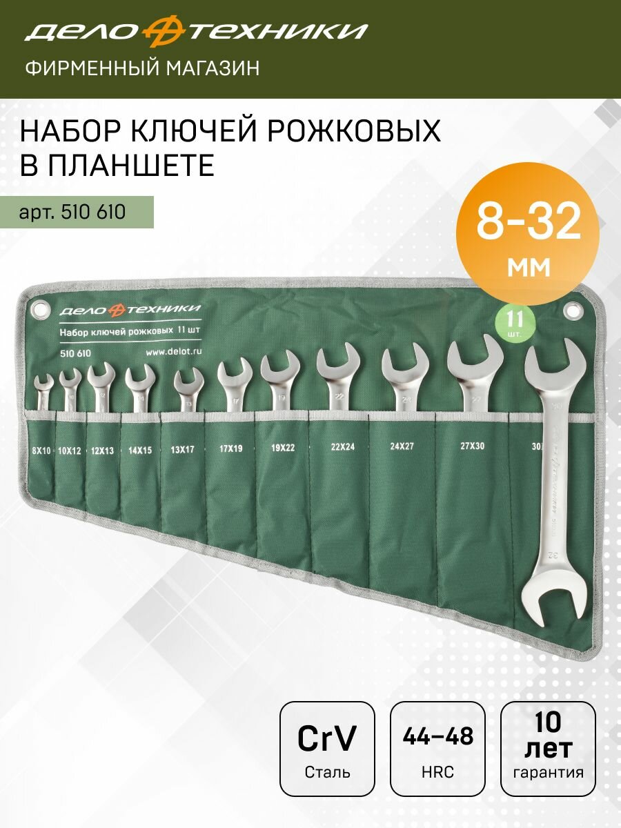 Набор ключей рожковых 11 штук, планшет тетрон, Дело Техники, 510610