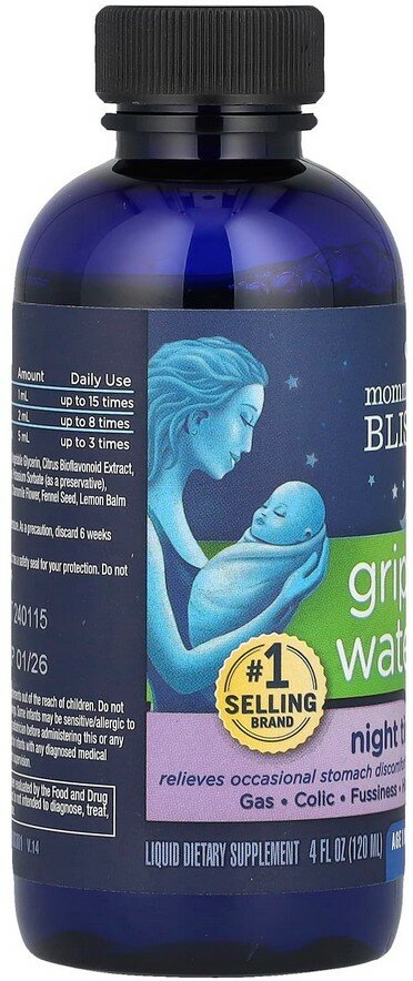 Бад Для Детей И Кормящих Мам Mommy's BLISS, gripe water, укропная вода, ночной раствор для облегчения колик у младенцев, 120 мл
