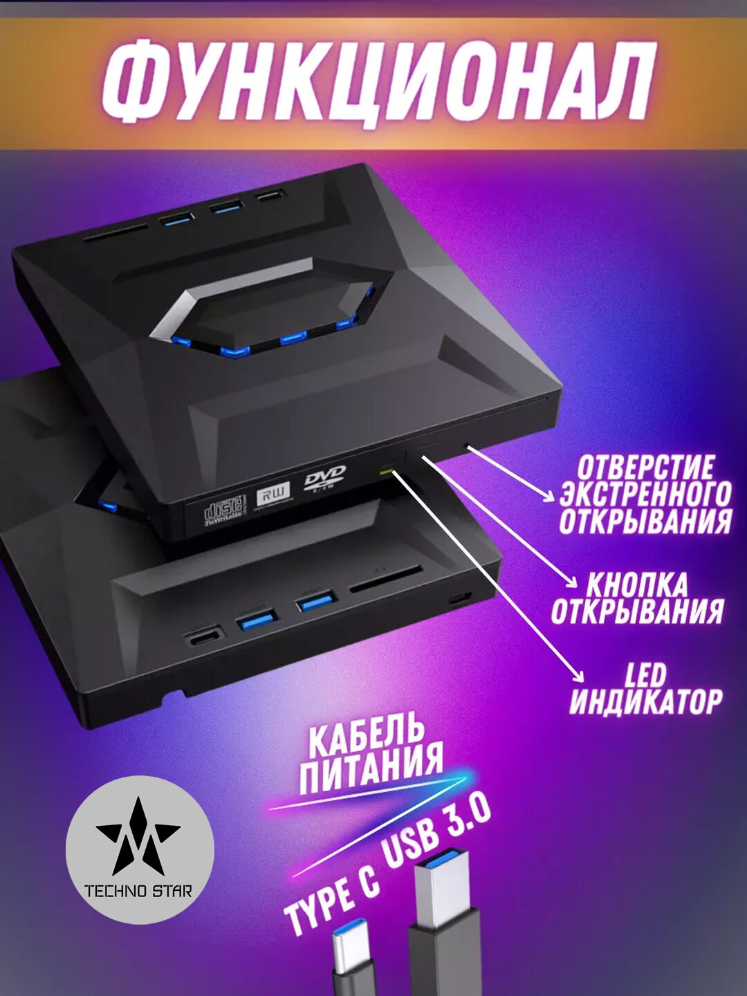 Внешний оптический привод для CD/DVD-рекордера USB/Type-C, SD/USB-флеш-накопителя — фото 1
