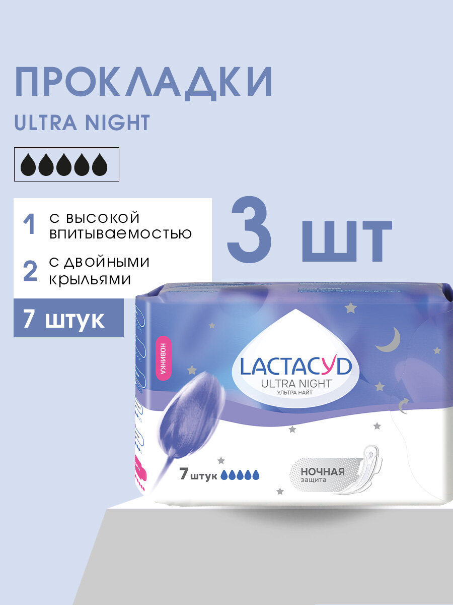 Прокладки женские с крылышками Lactacyd Ultra Night ночные, 7 шт (3 упаковки)