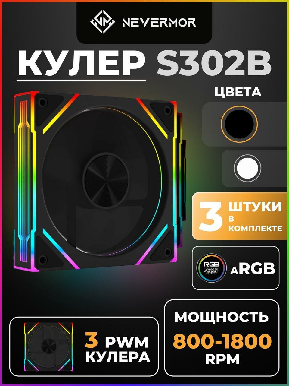 Комплект 3шт ARGB кулер NM S302В для пк с настраиваемой подсветкой /Вентилятор для корпуса компьютера 12см/система охлаждения, черный