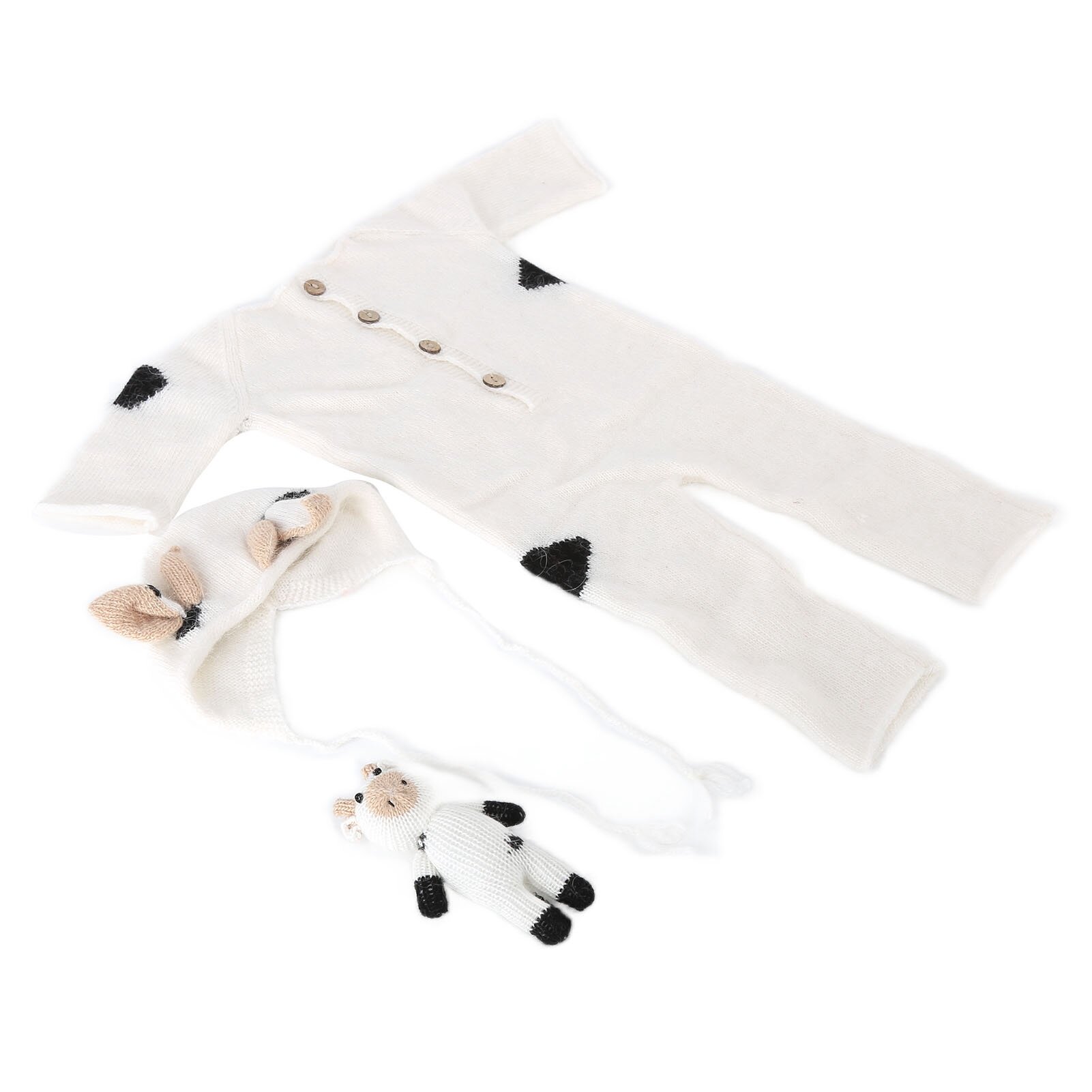 Комплект для фотосессии новорожденных: мягкий вязаный комбинезон шапочка и игрушка для съемки в белом цвете