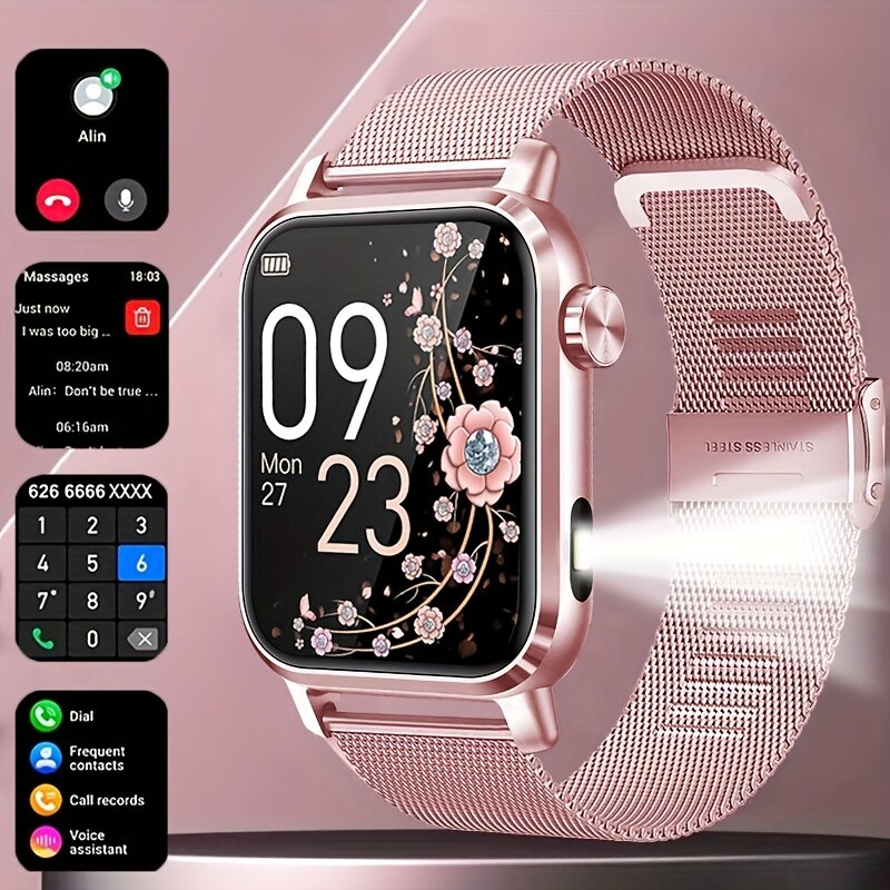 Uмные часы COIUSOR для женщин — 1,85-дюймовый HD дисплей, розовый цветочный ремешок, LED-подсветка, беспроводные звонки, более 100 спортивных режимов