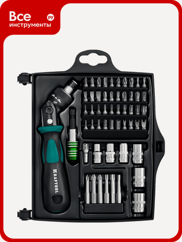 Изображение товара Реверсивно-рычажная отвертка с насадками KRAFTOOL X-Force-55 55 шт, Инструмент оснащен удобной профилированной рукояткой