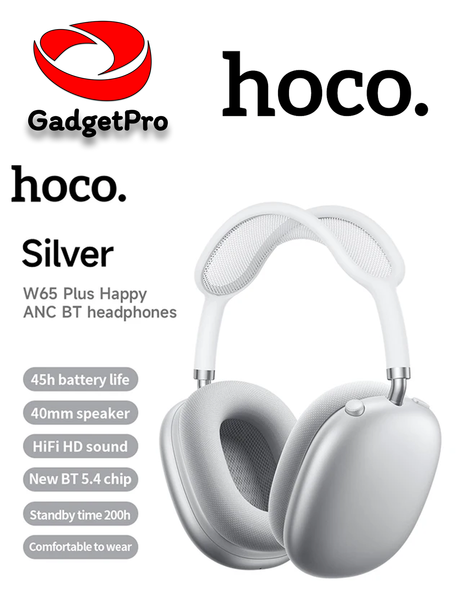 Наушники Hoco W65 Plus Happy ANC BT с активным шумоподавлением, 45 ч, Bluetooth 5.4 белый