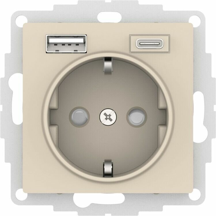 Розетка С/У 1-я с з/к 2P+E 16А (мех. с накл.) + USB (A+C) 2,4А/3А, 2х1,5А бежев, винт. AtlasDesign