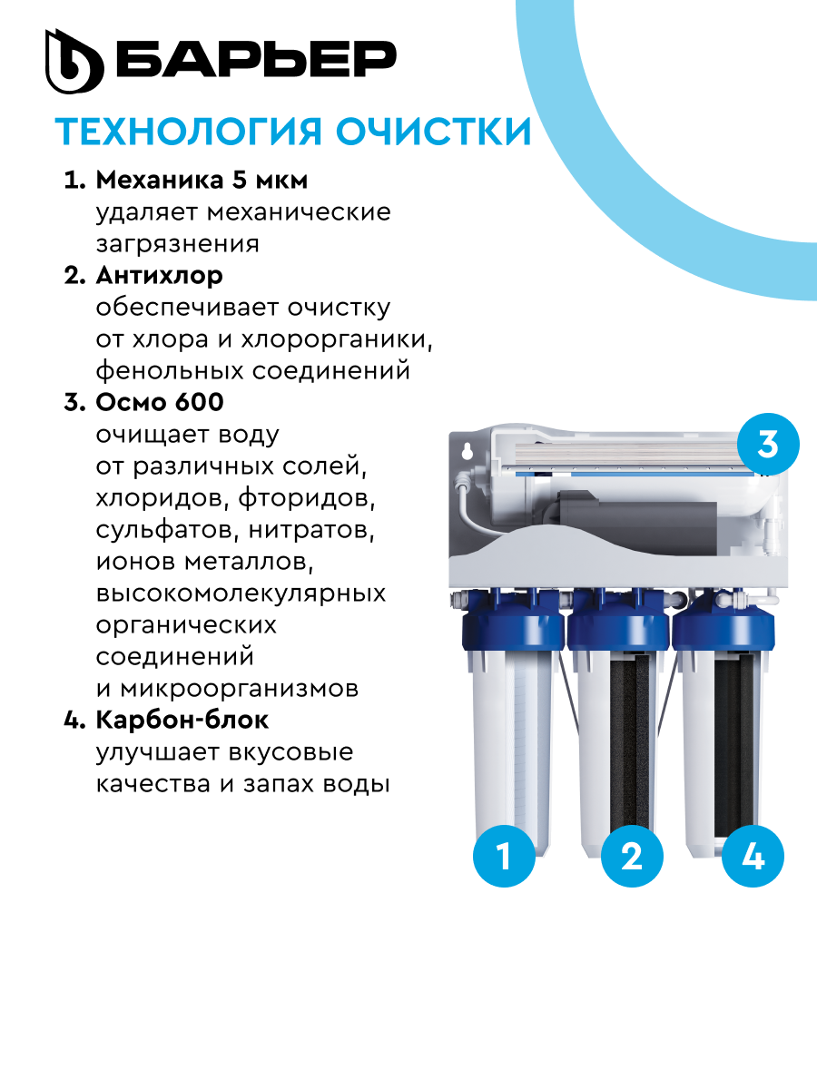 БАРЬЕР профи осмо 600, безбаковый обратноосмотический фильтр, четырехступенчатый (с насосом) — фото 1
