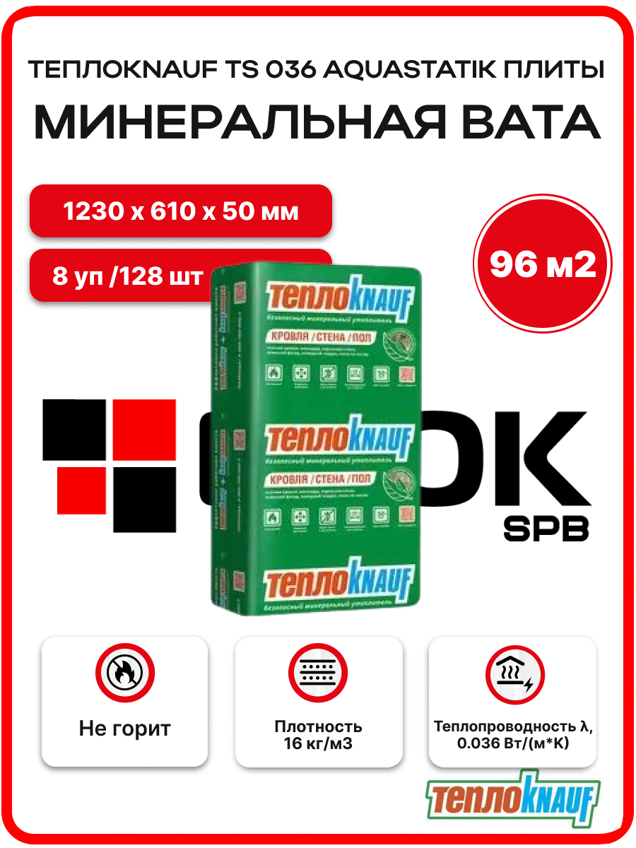 ТеплоKnauf TS 036 Кровля / Стена / Пол 50 мм ( 8 УП. / 96 м2 / 128 плит) Кнауф Аquastatik минеральная вата утеплитель