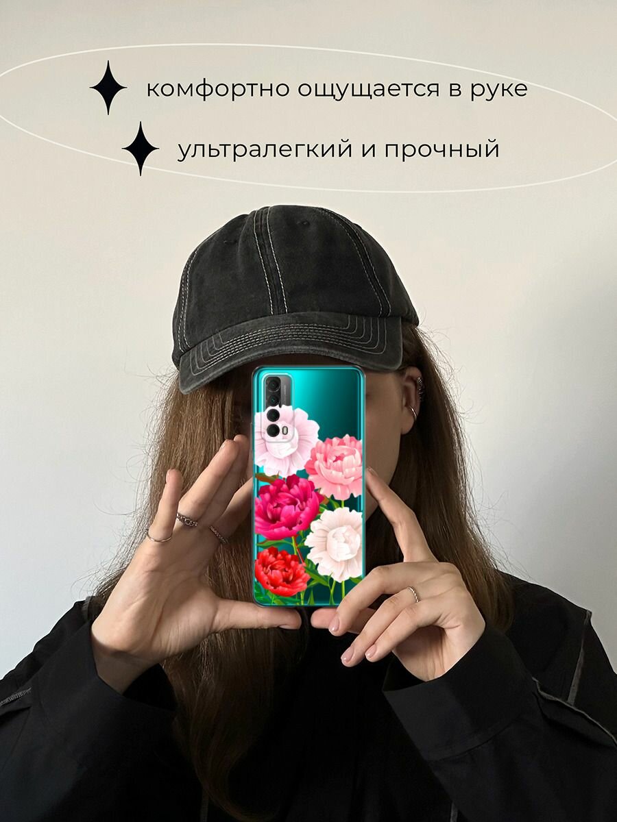 Чехол на Huawei P Smart 2021 / Хуавей П Смарт 2021 с принтом "Большие пионы", прозрачный — фото 1