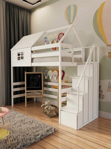 Изображение товара Кровать-чердак Домик с окном 180х80, лестница комод, высота под кроватью 130 см