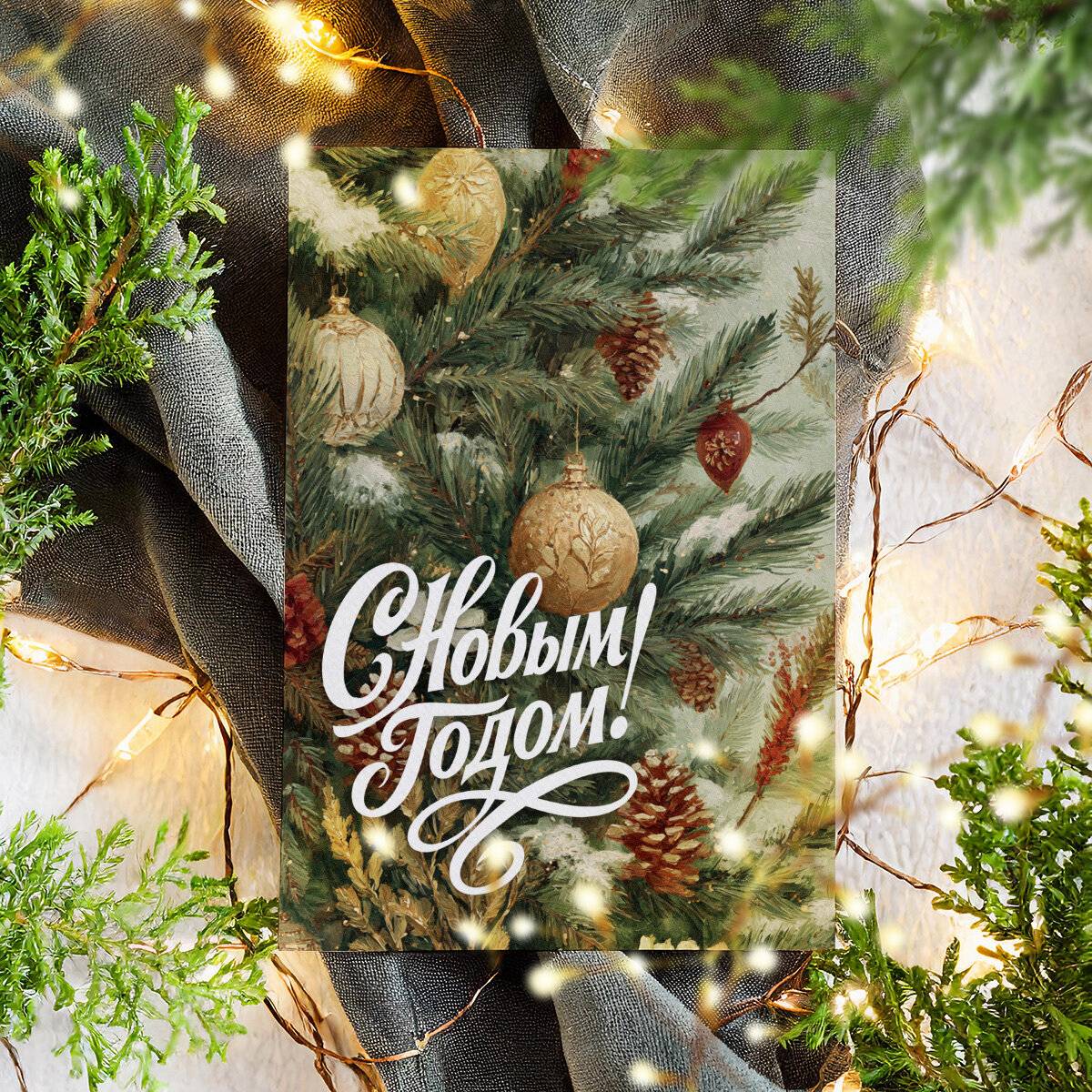 Новогодняя открытка в винтажном стиле, Поздравительная открытка с Новым Годом , красивые яркие принты, формат А5