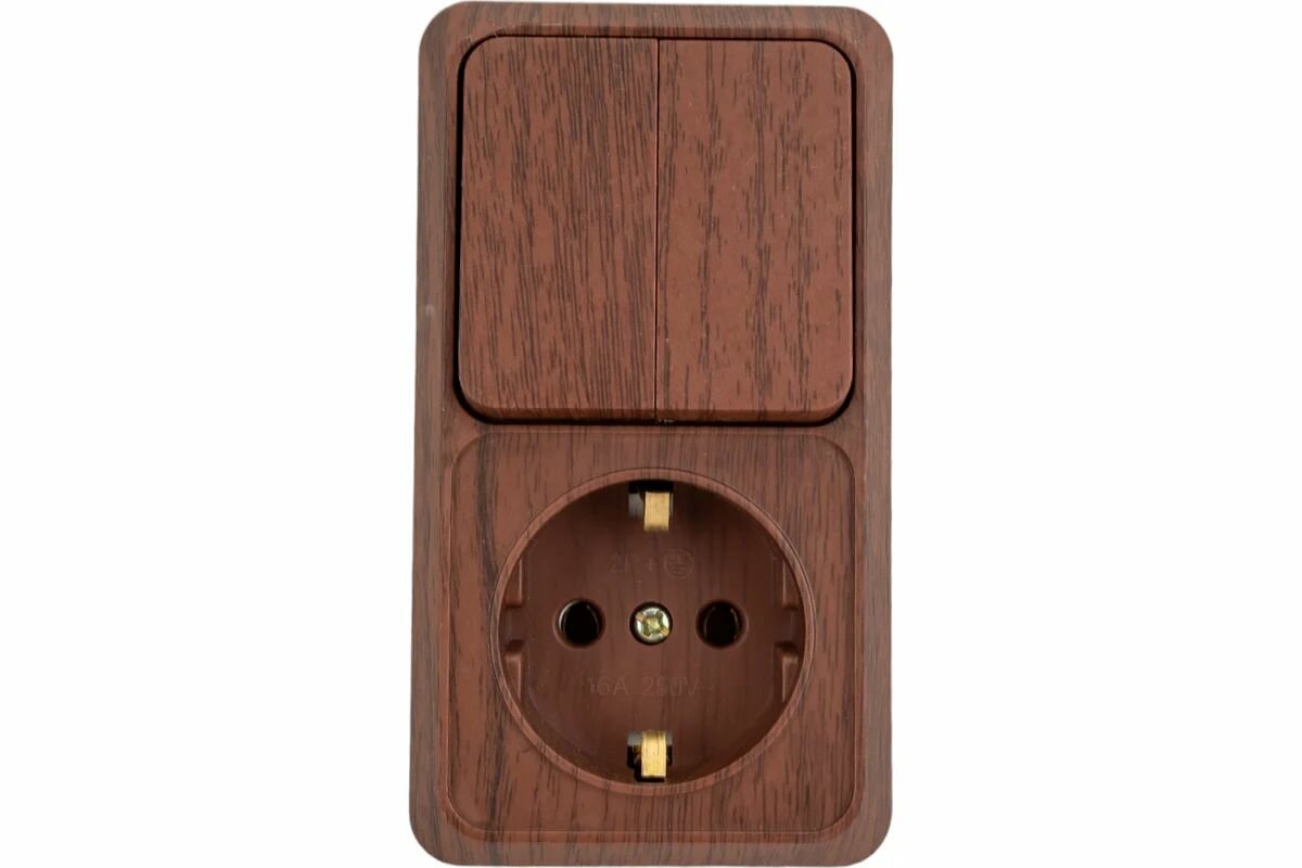 Блок розетка с двухклавишным выключателем вертикальный 10(16)А-250В, IP20, ОУ, венге