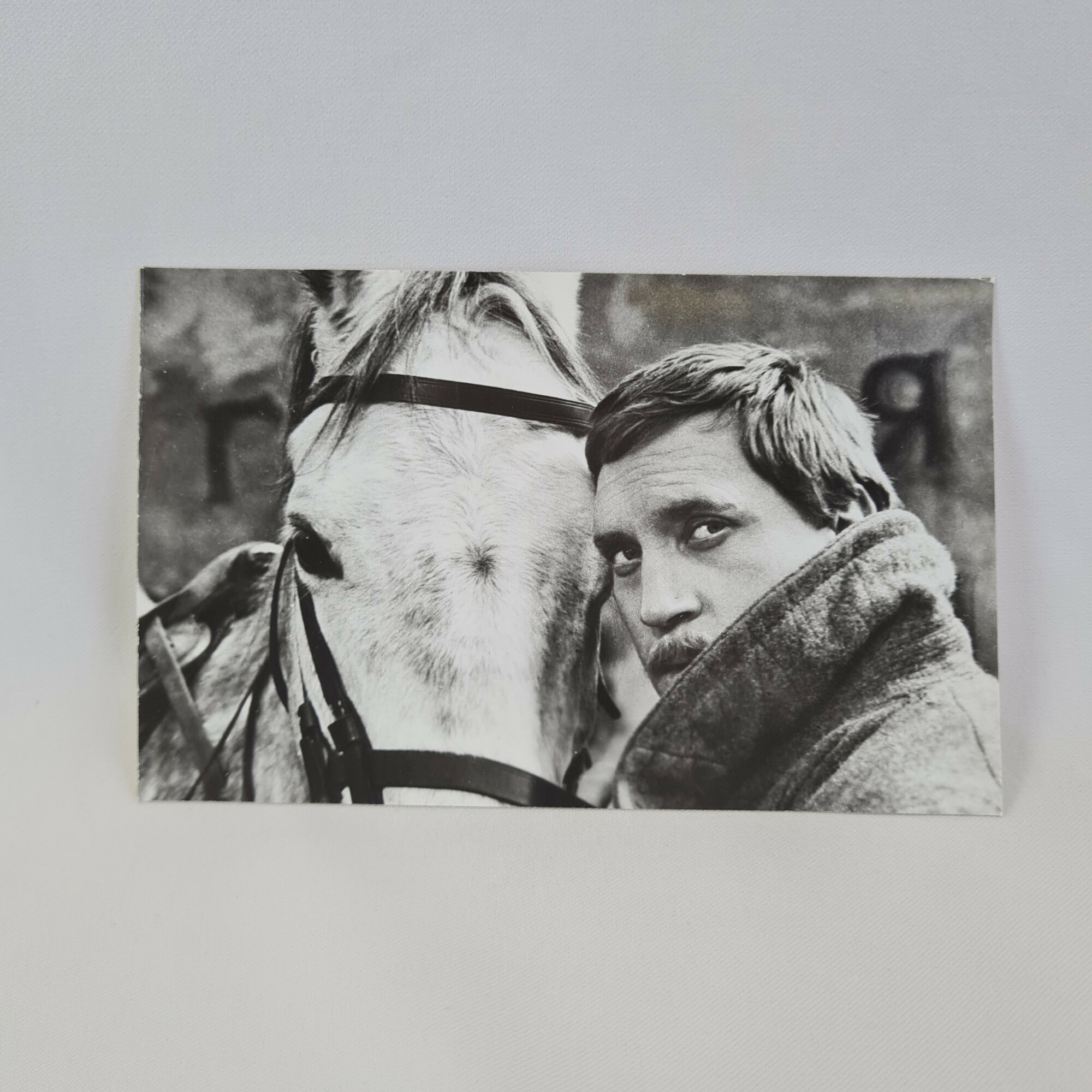 Открытка советская СССР. Актер Владимир Высоцкий с конем, кадр из фильма Служили два товарища. Винта
