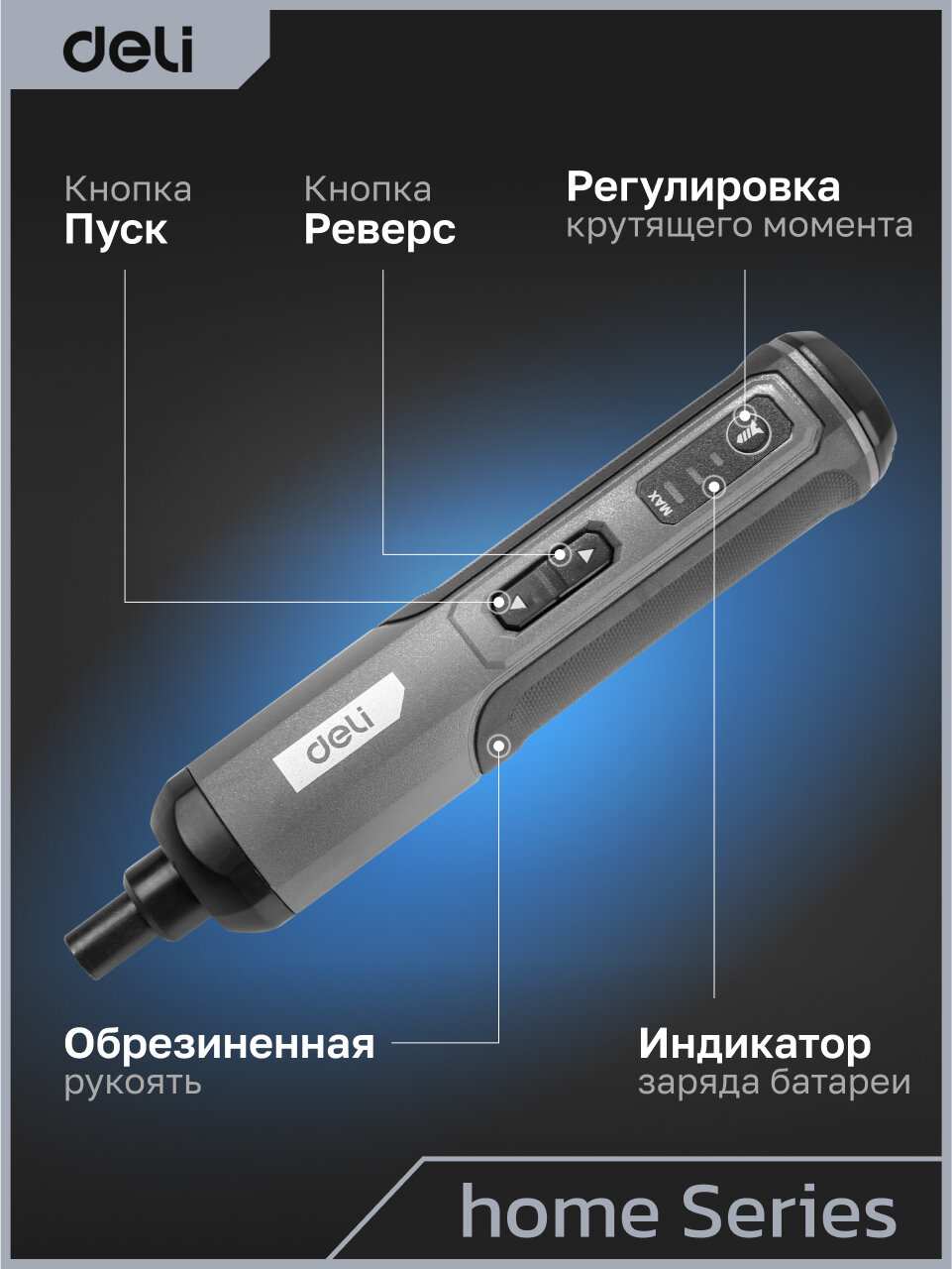 Отвертка аккумуляторная Deli DC161 (4В х 2Ач, 5Нм, 300об/мин, Type-C, набор бит 24 шт, кейс) — фото 1