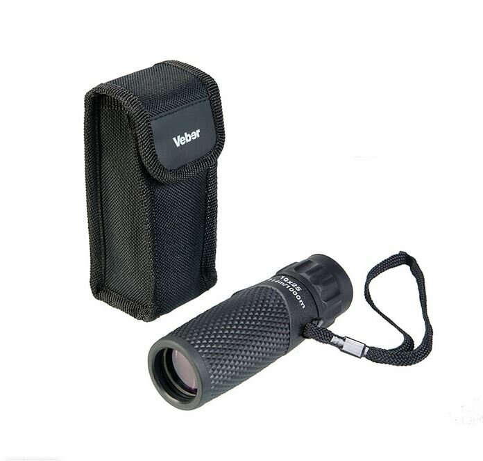 Монокуляр Veber Ultra Sport 10x25 имеет черный, обрезиненный, влагозащищенный корпус, 23224