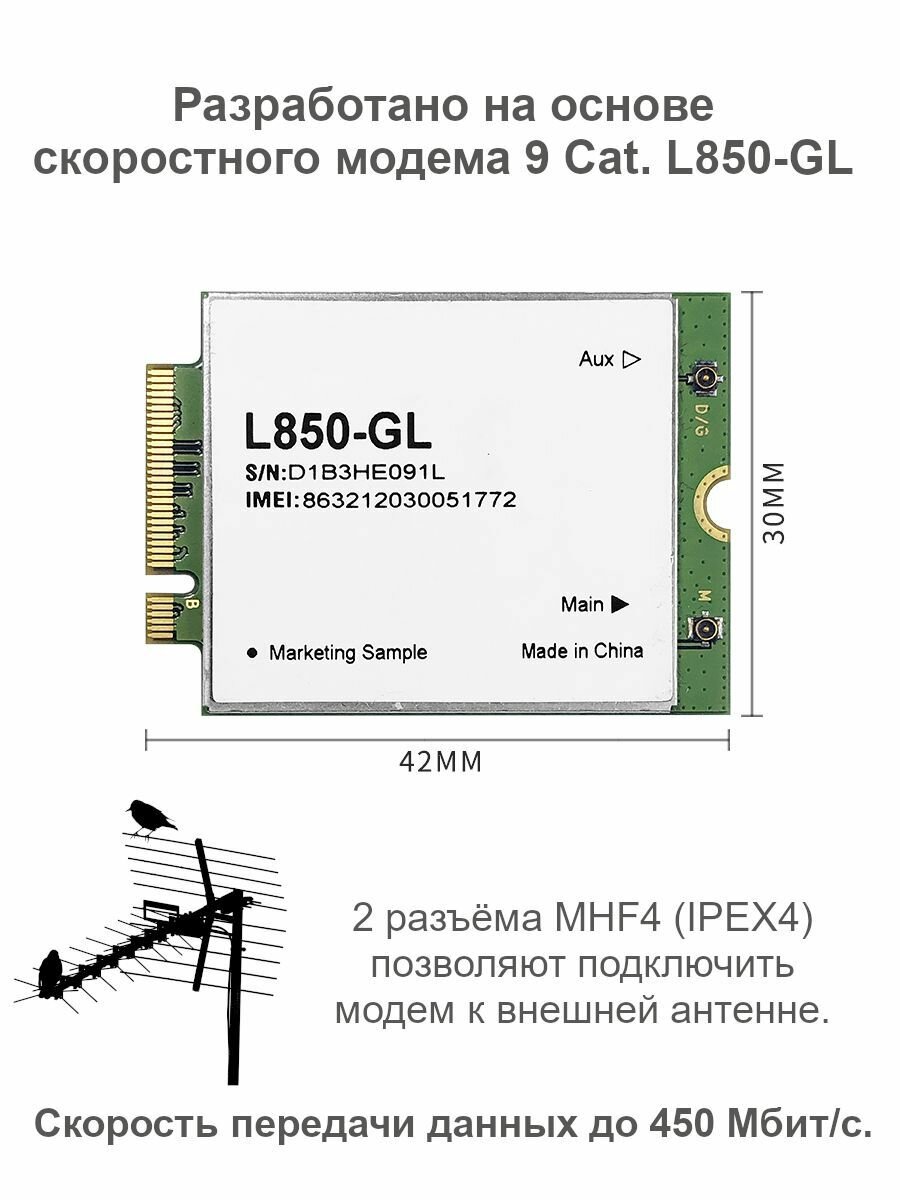 USB модем Vertell LONG M.2 в корпусе с 3.0 на базе Fibocom L850-GL с агрегацией частот Cat 9 со скоростью до 450 Мбит/с — фото 1
